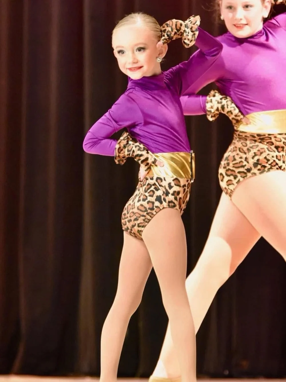 Girls' Purple Metallic Dance Leotard with Gold Belt & Leopard Trim